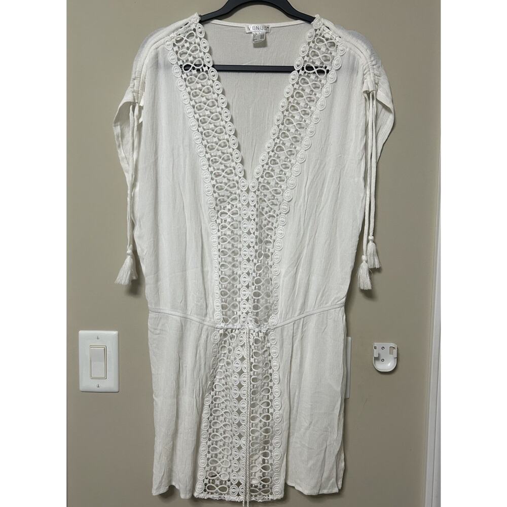 Venus Women White Knit Crochet Swim Cover Up V Neck Ties Size L